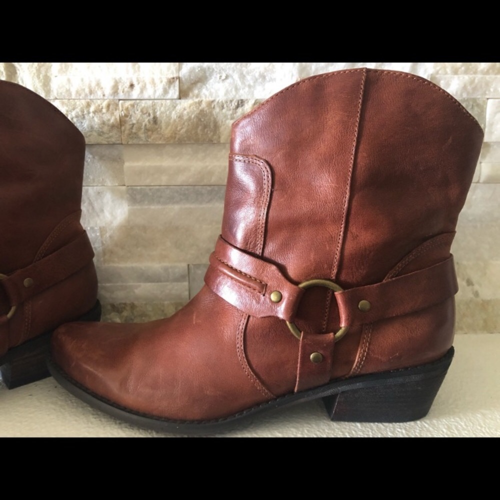 Franco Sarto Genuine Leather Western Short Harness Cowgirl Boots Cognac brown - Picture 3 of 16